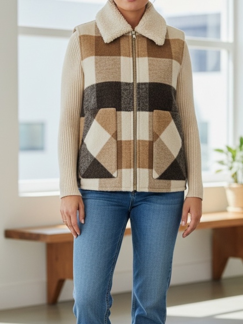 Sanctuary Brown Plaid Mixed Media Sherpa Vest NWT Size Large Cozy